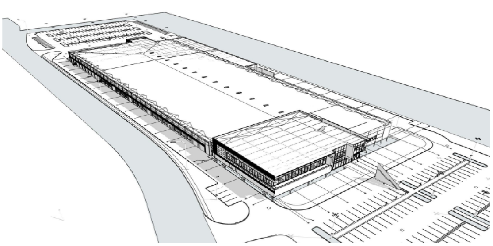 Architectural rendering of large building with parking.