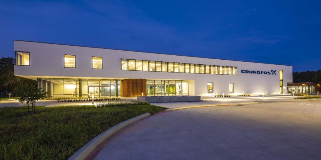 Grundfos Americas Headquarters with yellow lights