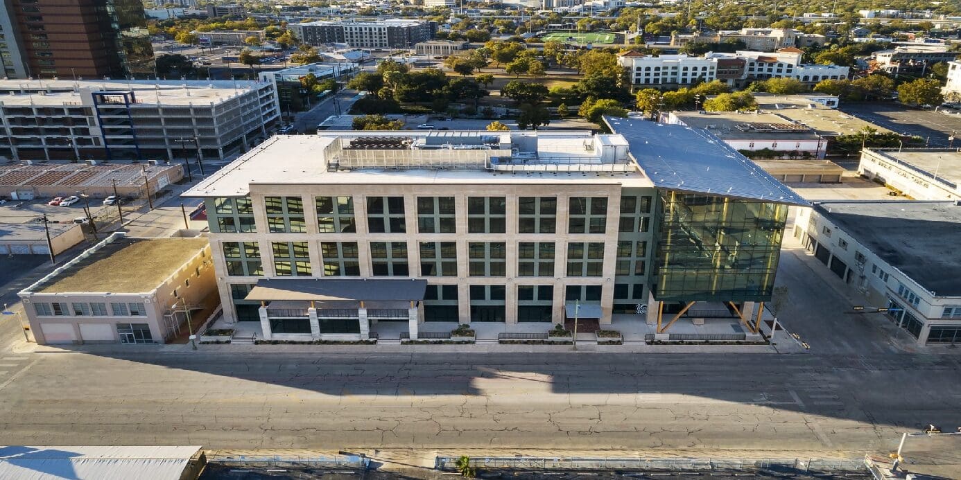 Aerial view of a modern city building.