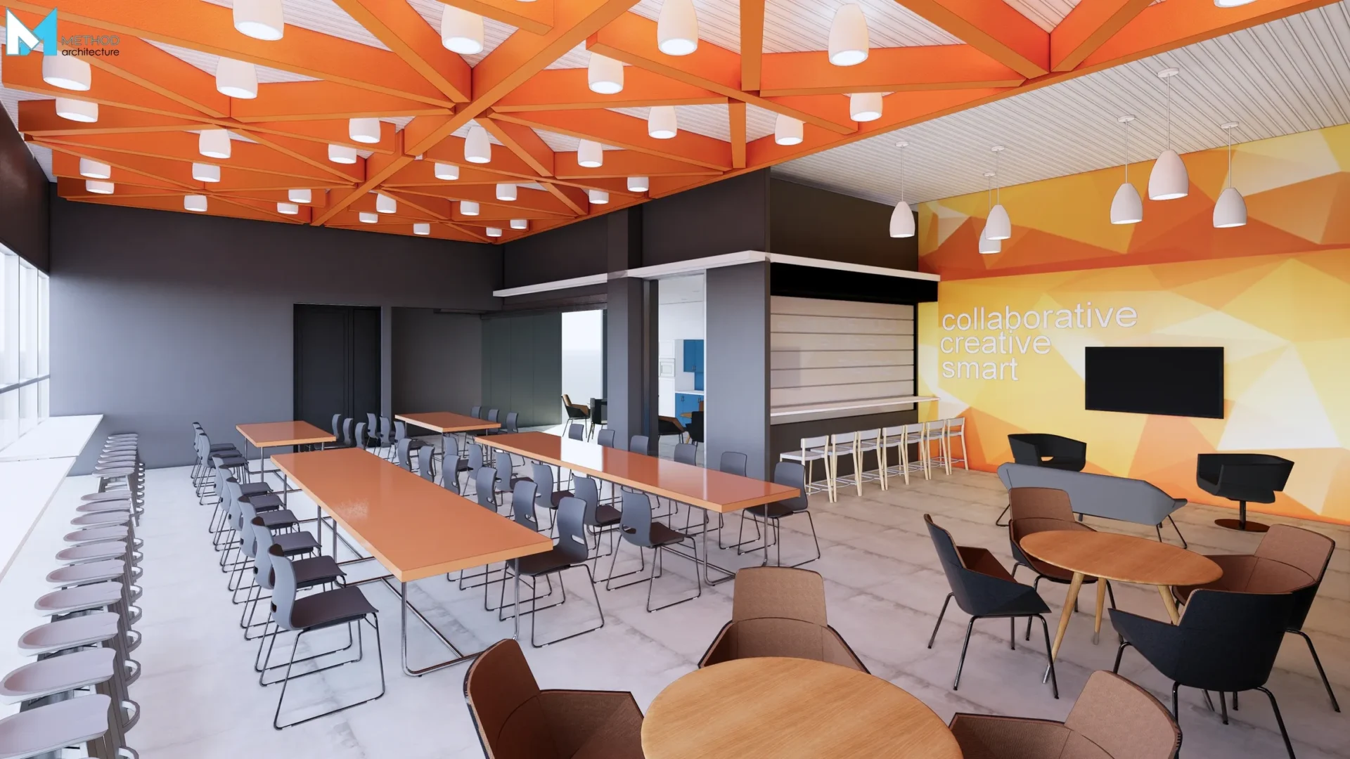 Modern collaborative workspace interior design.