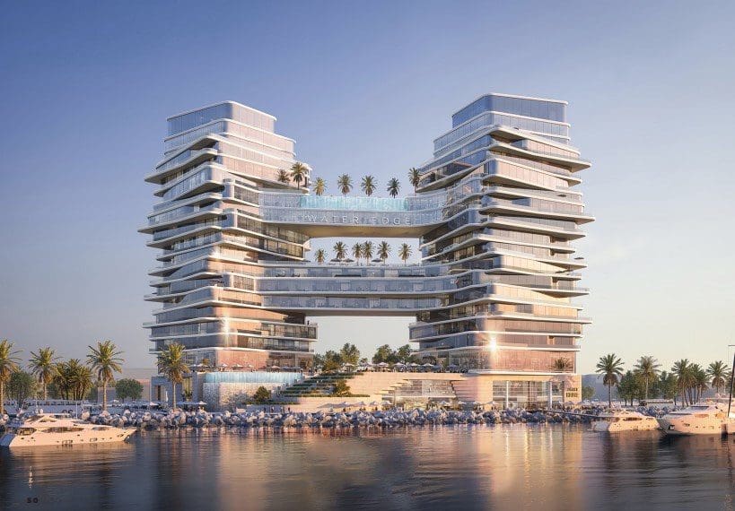 A beautiful urban building with a lake and ships